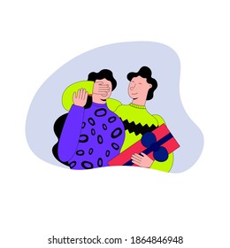 vector illustration in a frame - the husband gives his wife a present - gift box. Characters guy and girl hugging and celebrating together. The concept of love and romance in the family. Flat style
