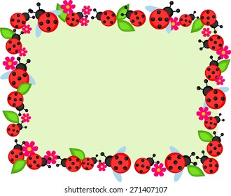 Vector illustration of frame of ladybugs with leaves and flowers