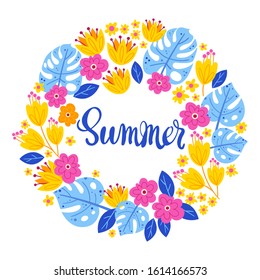Vector illustration with frame of leaves, flowers and lettering Summer. Floral circle border on black background. Greeting card in tropical style.