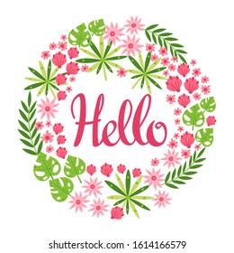 Vector illustration with frame of leaves, flowers and lettering Hello. Floral circle border on white background. Greeting card in tropical style.