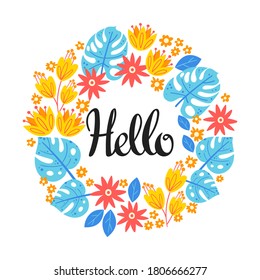 Vector illustration with frame of leaves, flowers and lettering Hello. Floral circle border on white background. Greeting card in tropical style.
