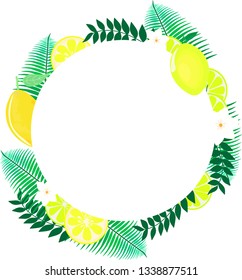Vector illustration of frame with lemons, lemon slices, leaves, flowers. White background. 