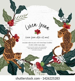 Vector illustration of a frame with leopards & coffee trees in Africa. Tropical vintage background for Wedding, anniversary, birthday and party. Design for wallpaper, banner, poster and invitationcard