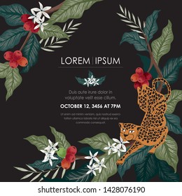  Vector illustration of a frame with leopards & coffee trees in Africa. Tropical vintage background for Wedding, anniversary, birthday and party. Design for banner, poster and invitation card 