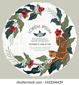 Vector illustration of a frame with leopards & coffee trees in Africa. Tropical vintage background for Wedding, anniversary, birthday and party. Design for banner, poster and invitation card