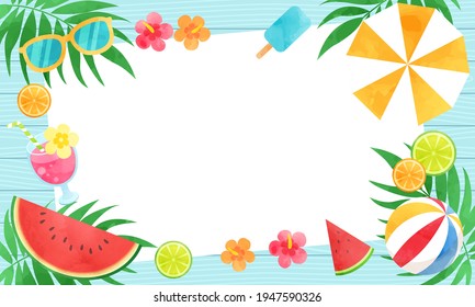 Vector illustration frame of light blue wooden board background and summer images such as umbrellas, watermelons and sunglasses