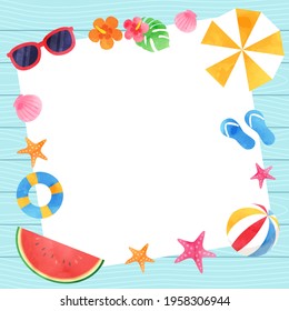 Vector illustration frame of light blue wooden board and watermelon etc.