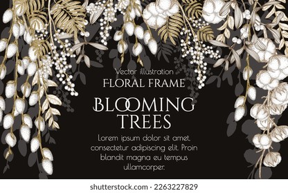Vector illustration of a frame made of gray-beige branches. Graphic linear willow, mimosa, cotton, mistleto in engraving style