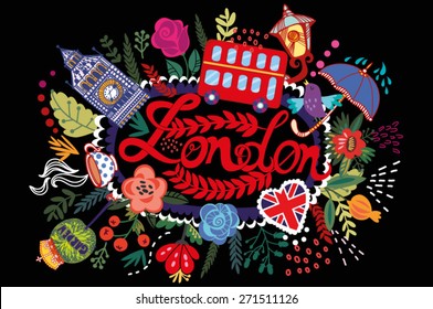 Vector illustration of frame made from London's symbol in bright colors.