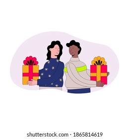 
vector illustration in a frame - a man and a girl give each other gifts and hide them behind their backs. New year celebration of a married couple. Cozy home holiday - Christmas and Birthday