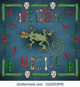 vector illustration in a frame on the theme of the Mexican holiday Cinco de mayo lizard among red chili peppers