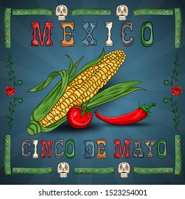 vector illustration in a frame on the theme of the Mexican holiday Cinco de mayo corn tomato and red chili pepper
