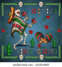vector illustration in a frame on the theme of the Mexican holiday Cinco de mayo skeleton in a sombrero playing a musical instrument maracas among the flowers of roses