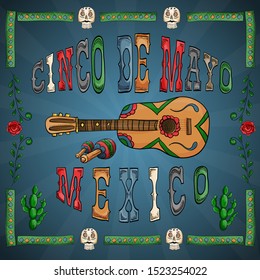 vector illustration in a frame on the theme of the Mexican holiday Cinco de mayo inscription and guitar with maracas