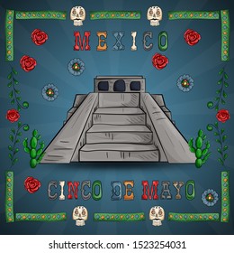 vector illustration in a frame on the theme of the Mexican holiday Cinco de mayo pyramid of Indians among the flowers of roses