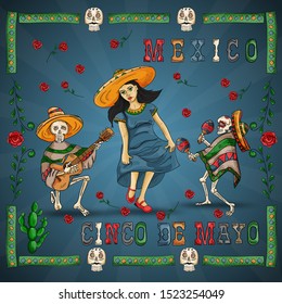 vector illustration in a frame on the theme of the Mexican holiday Cinco de mayo girl in a dress and two skeletons playing on musical instruments among the flowers of roses