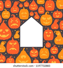 Vector illustration: frame of orange scary carved pumpkin icons isolated on black background. Decorative element for Halloween party greeting cards, posters, postcards, wrapping paper, scrapbooking

