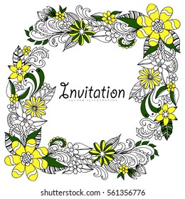 Vector illustration, frame for photos from flowers. Work Made by hand. Book Coloring anti-stress for adults and children. In color.