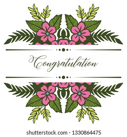 Vector illustration frame of pink flower and leaves in bloom for write congratulation hand drawn