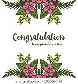 Vector illustration frame of pink flower and leaves in bloom for write congratulation hand drawn