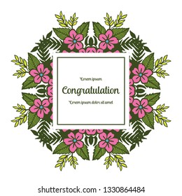 Vector illustration frame of pink flower and leaves in bloom for write congratulation hand drawn
