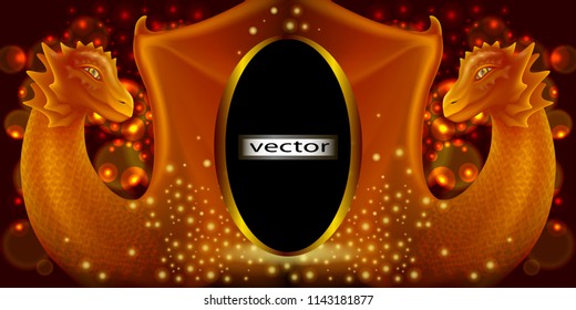 Vector illustration frame to put text, two gold, fire dragons, fantasy picture of a fairy tale.