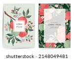  Vector illustration of a frame set with apple fruits and flowers. 	