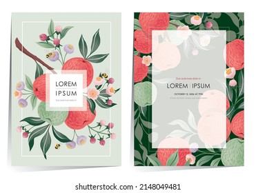  Vector illustration of a frame set with apple fruits and flowers. 	