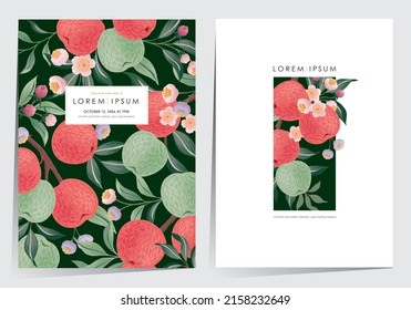 Vector illustration of a frame set with apple fruits and flowers. 	