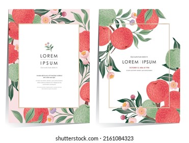 Vector illustration of a frame set with apple fruits and flowers. 	