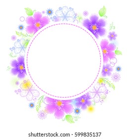Vector illustration of a frame in the shape of a circle of pink, blue and purple flowers. Wreath of spring flowers. Greeting card, invitation, banner for solemn events.