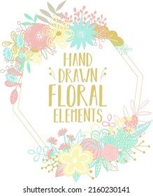 Vector illustration of a frame in the shape of an octagon, decorated with floral motifs for decoration of cards and invitations. Image of cartoon hand-drawn floral elements around the frames.