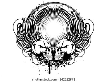 Vector illustration frame with skulls, wings and barbed wire