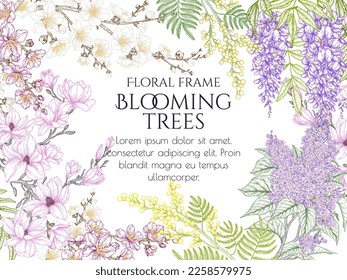 Vector illustration frame of spring flowering trees. Cherry blossom, wisteria, lilac, mimosa, magnolia in engraving style