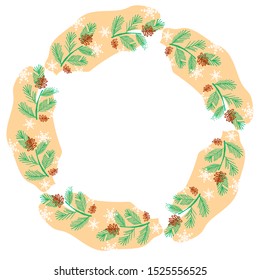 Vector illustration. Frame of spruce branches with cones. Pine, spruce, fir, needles, cedar. Bright color.