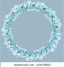Vector illustration. Frame of spruce branches with cones. Pine, spruce, fir, needles, cedar. Bright color.
