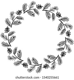 Vector illustration. Frame of spruce branches with cones. Pine, spruce, fir, needles, cedar. 