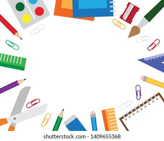 Vector illustration of frame with stationery items on the white background.