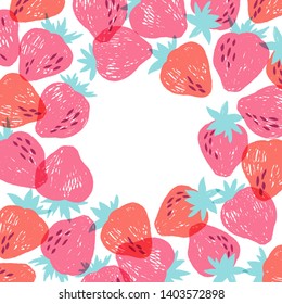 Vector illustration with frame of strawberries hand drawn in pencil in trendy colors