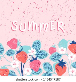 Vector illustration with the frame of strawberries hand drawn in pencil and the lettering "summer" in trendy colors