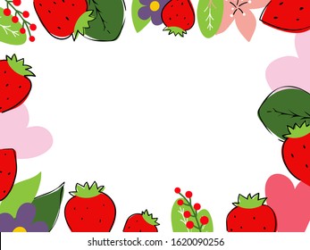 Vector illustration with frame of strawberries and herbs