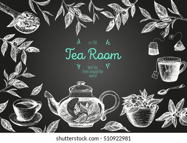  Vector illustration frame for Tea Shop. Vector card design with tea. Poster for tea house. Vector hand drawn set. Linear graphic banner.