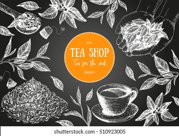  Vector illustration frame for Tea Shop. Vector card design with tea. Poster for tea house. Vector hand drawn set. Linear graphic banner.