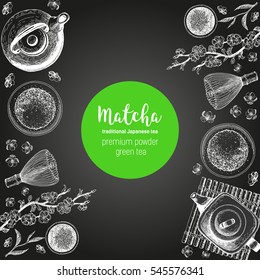 Vector illustration frame for Tea Shop. Japanese traditions of tea ceremony. Matcha tea. Vintage elements for design. Vector Illustration.