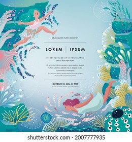  Vector illustration of a frame template design with women swimming in a mysterious underwater world with various creatures. A cheerful and cool image for the summer season.  				