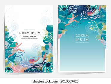 Vector illustration of a frame template design set with women swimming in a mysterious underwater world with various creatures. A cheerful and cool image for the summer season.  		