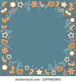 Vector illustration. Frame, template, invitation, background with place for writing. Christmas cookies, gingerbread on a pastel blue background. The concept of New Year holidays, Christmas.