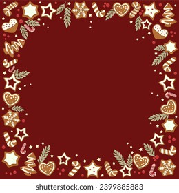 Vector illustration. Frame, template, invitation, background with place for writing. Christmas cookies, gingerbread on a red background. The concept of New Year holidays, Christmas.