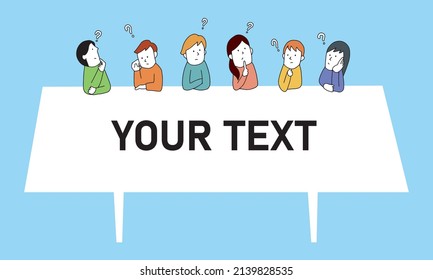 Vector illustration frame of thinking people on long table. FAQ,Q and A.