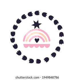 Marco de ilustración vectorial de trazas. En el centro del arco iris rosa con una estrella. Cartel o postal. Elemento de diseño interior.